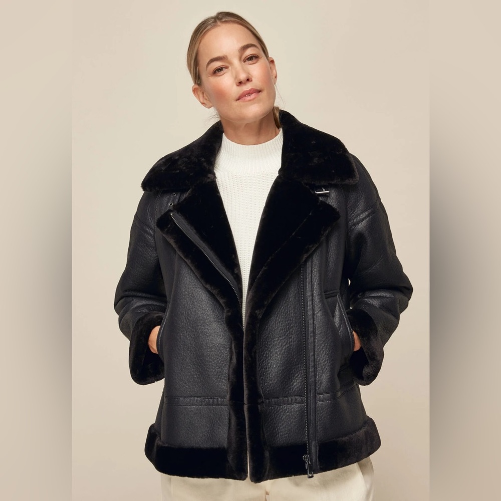 Whistles | Shearling biker jacket | Faux Leather Fur Winter Jacket Coat | Black